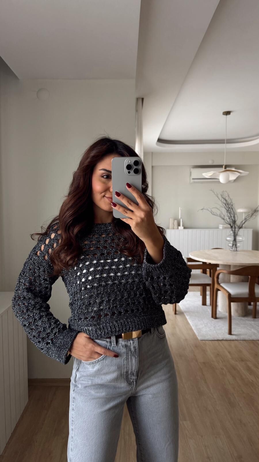 Simli Kısa Triko Antrasit