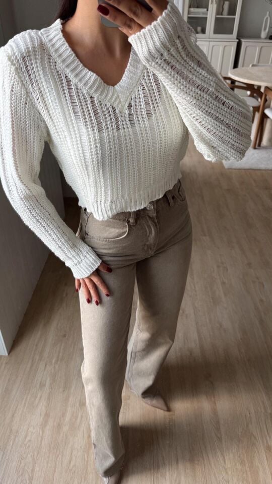 V Yaka Kısa Triko Ekru