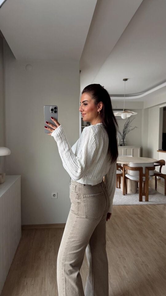 V Yaka Kısa Triko Ekru