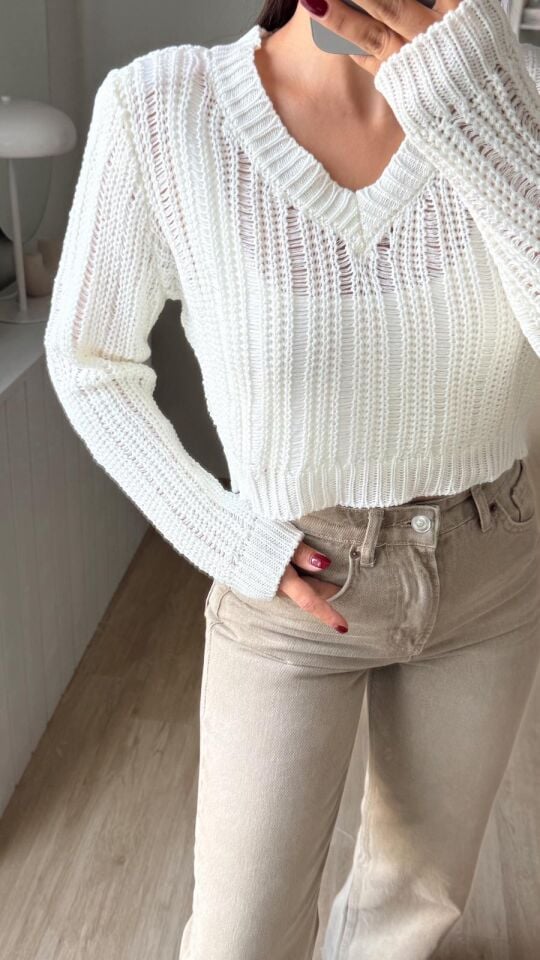 V Yaka Kısa Triko Ekru