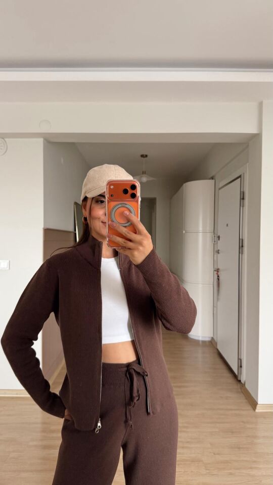 Fermuarlı Triko Takım Kahve