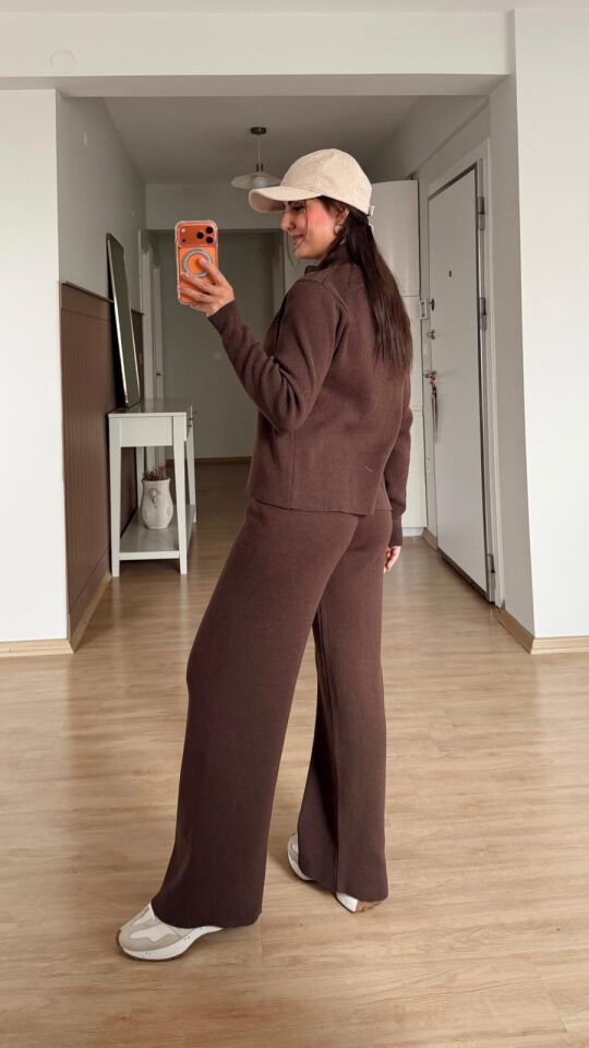 Fermuarlı Triko Takım Kahve