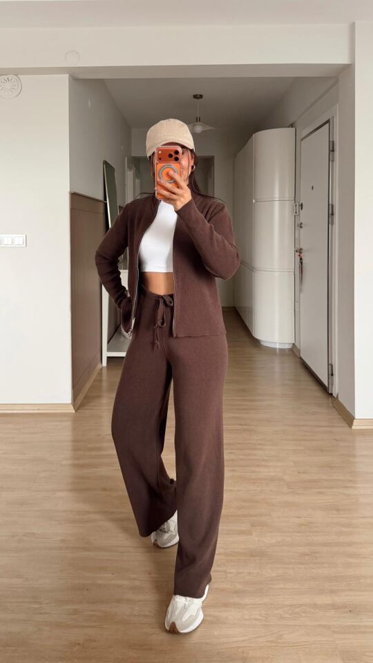 Fermuarlı Triko Takım Kahve