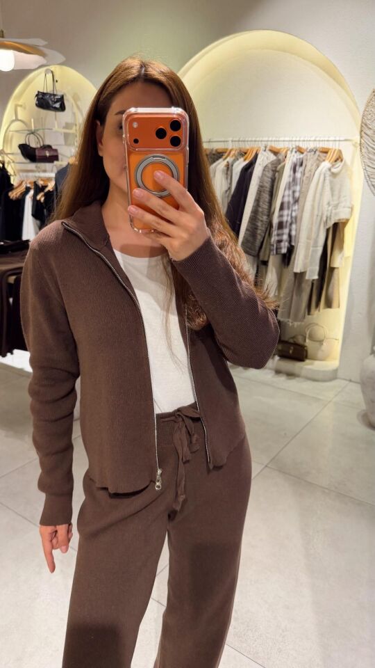 Fermuarlı Triko Takım Kahve