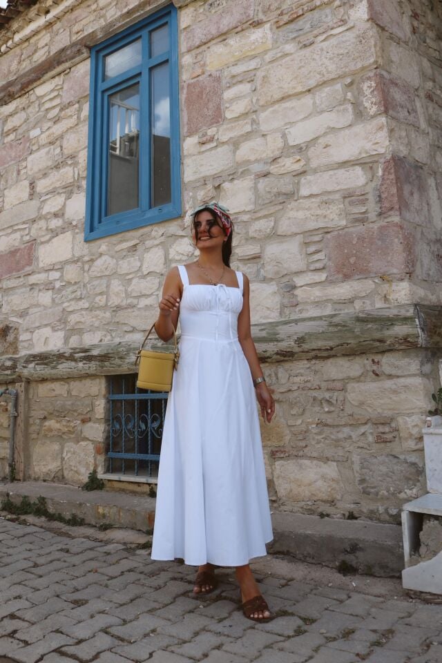 Bağcıklı Midi Elbise Beyaz