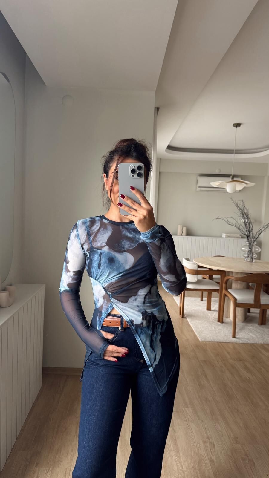 Mavi Desenli Mesh Bluz