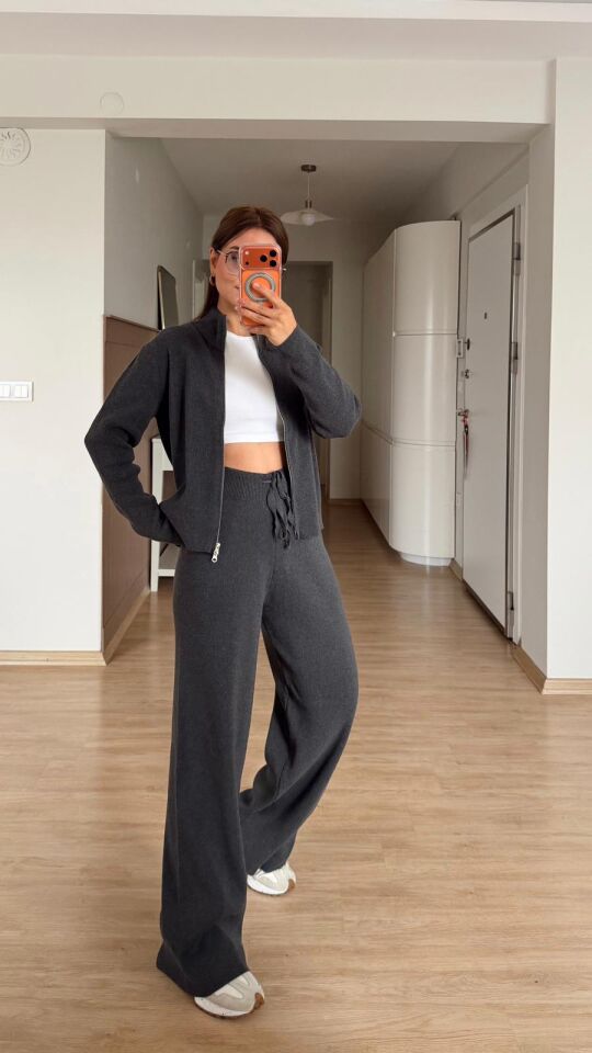 Fermuarlı Triko Takım Antrasit