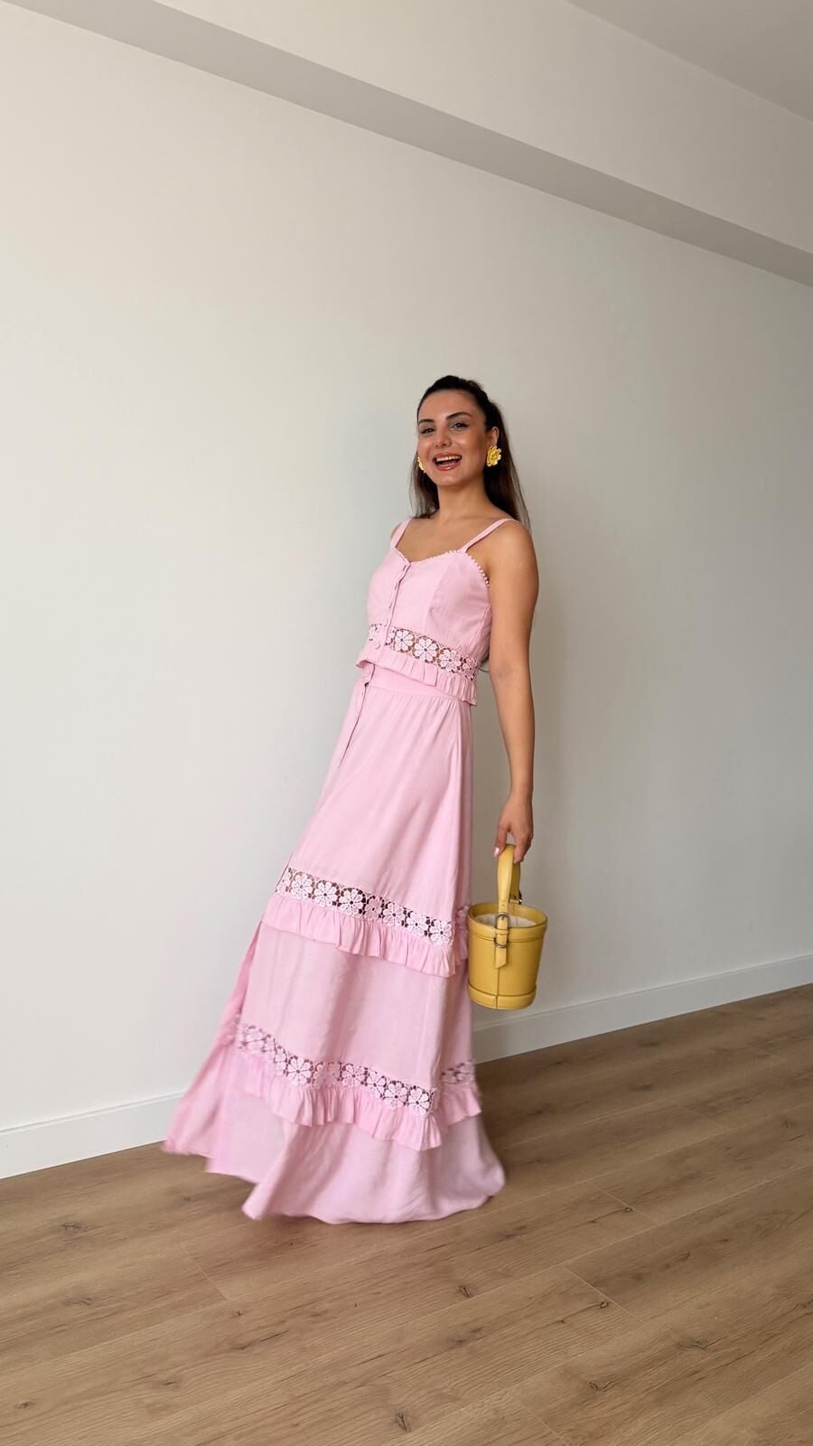 Güpür Detaylı Etek Takım Pembe
