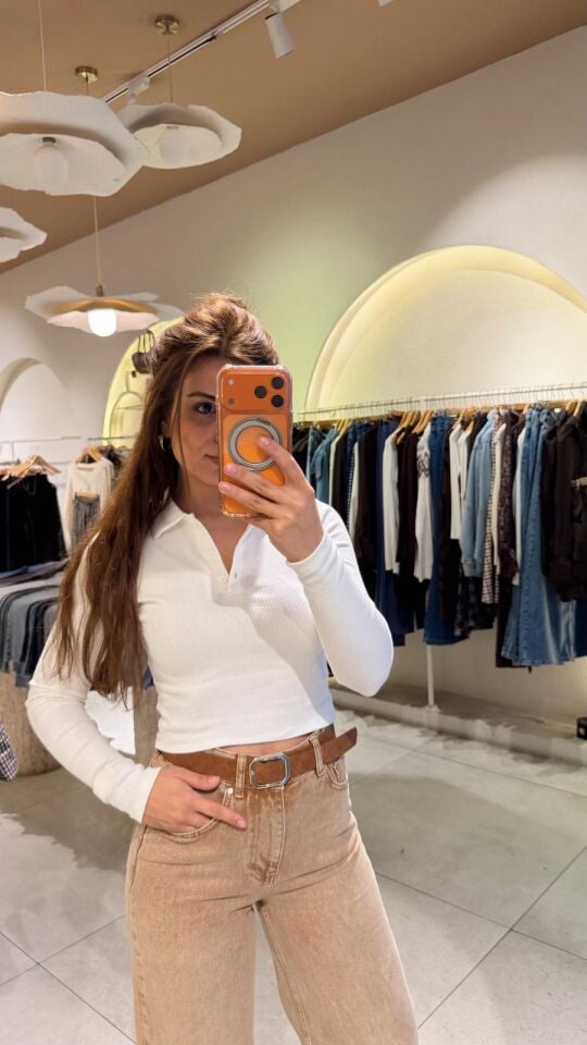 Fitilli Polo Crop Bluz Ekru