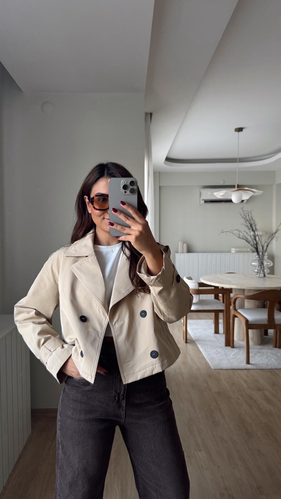 Düğmeli Crop Trench Bej