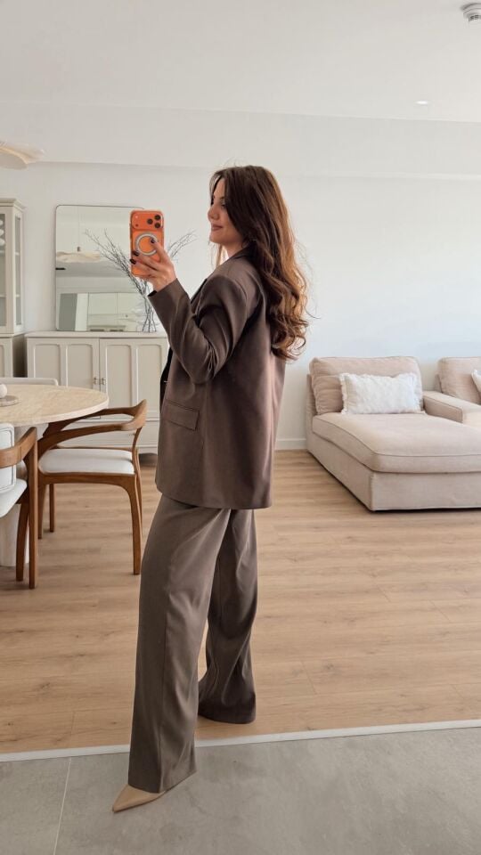 Düğme Detay Kahve Palazzo