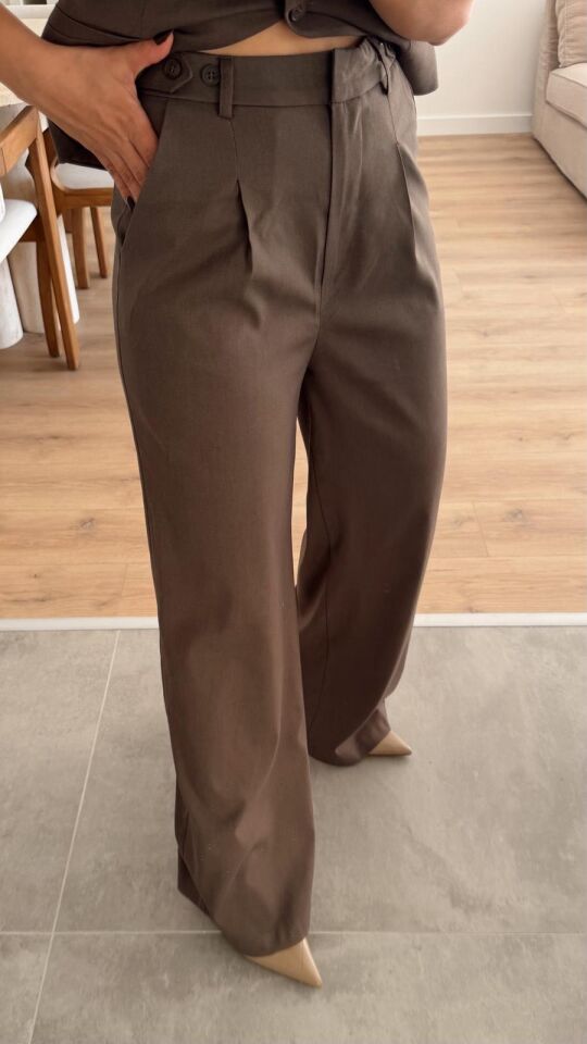 Düğme Detay Kahve Palazzo