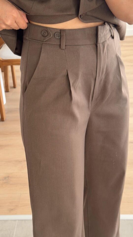 Düğme Detay Kahve Palazzo