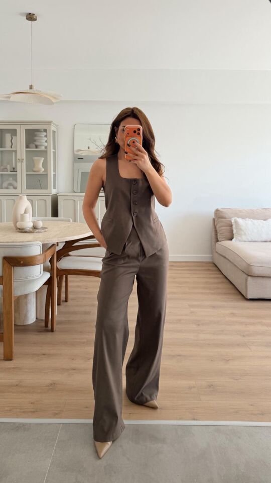 Düğme Detay Kahve Palazzo