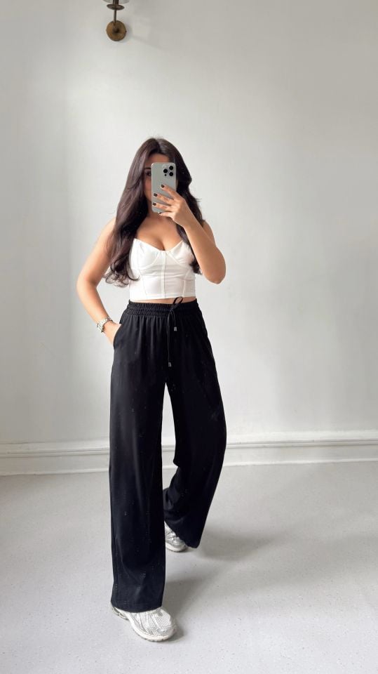 Siyah Salaş Bol Paça Pantolon