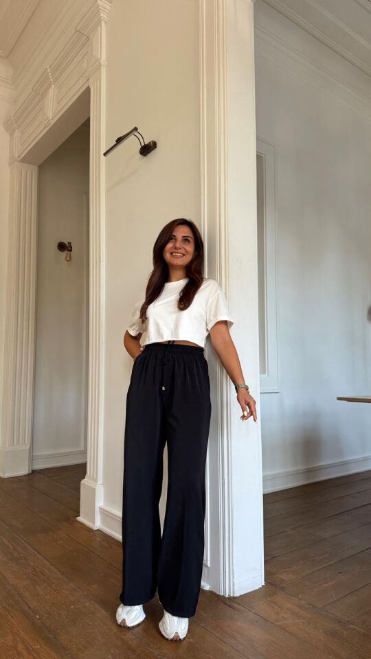 Siyah Salaş Bol Paça Pantolon