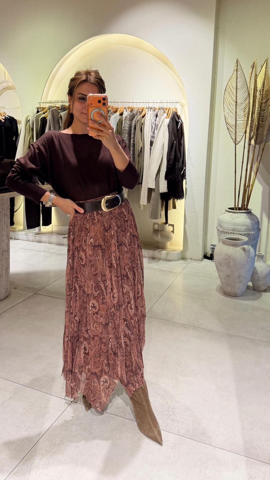 Kahve Şal Desen Şifon Etek