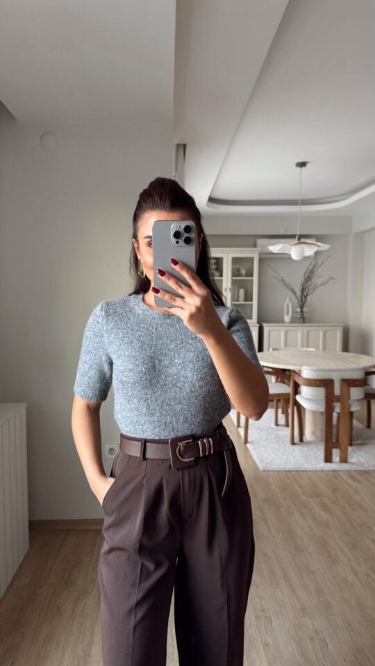 Kısa Kol Kazak Koyu Gri