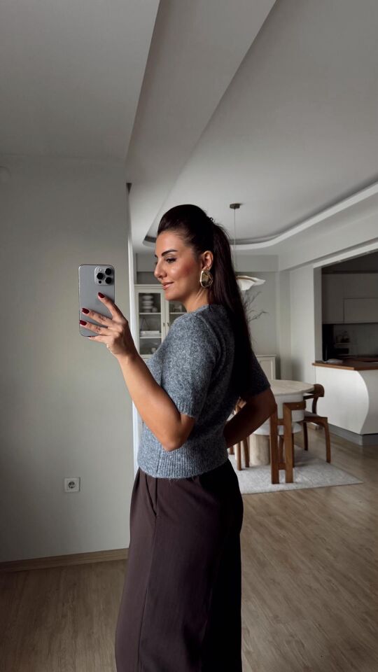 Kısa Kol Kazak Koyu Gri