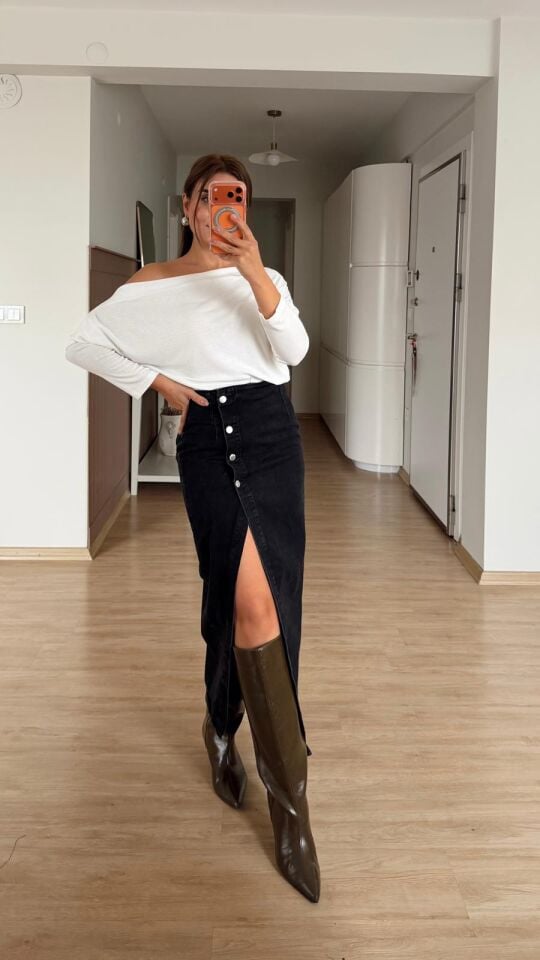 Düğmeli Denim Midi Etek Siyah