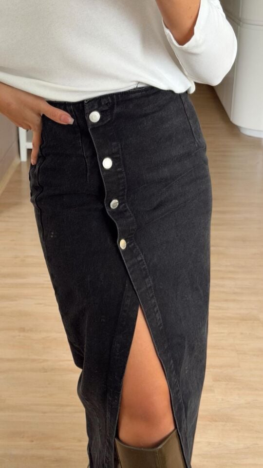 Düğmeli Denim Midi Etek Siyah