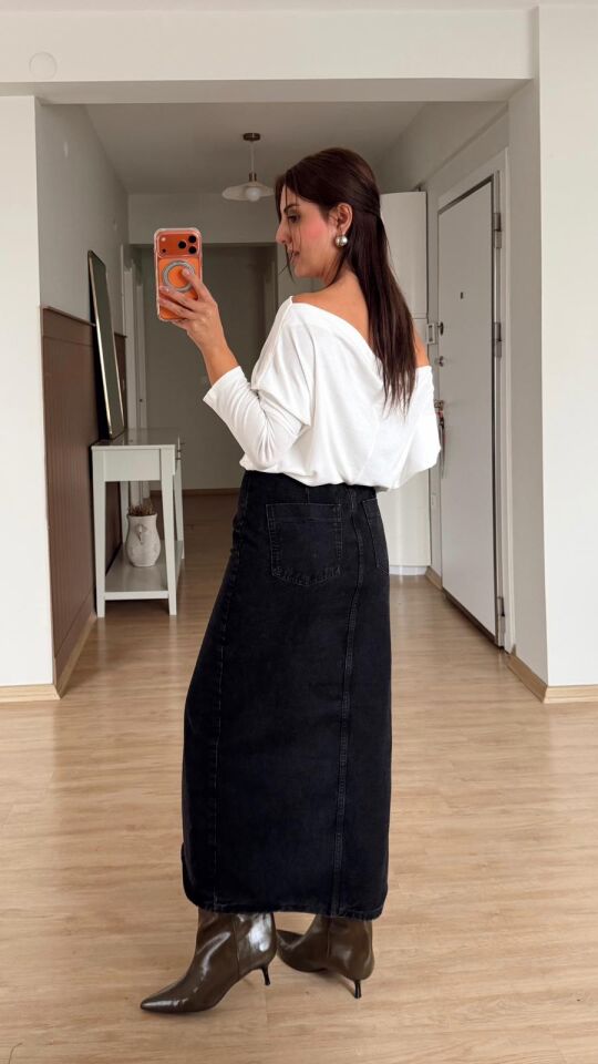 Düğmeli Denim Midi Etek Siyah