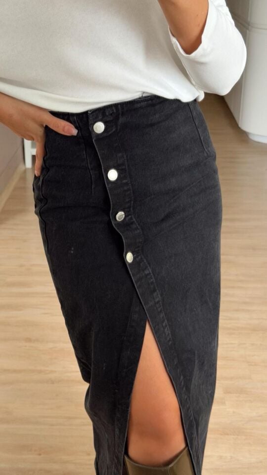 Düğmeli Denim Midi Etek Siyah