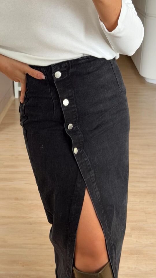 Düğmeli Denim Midi Etek Siyah