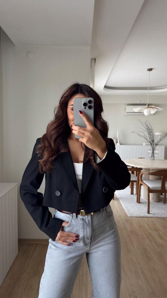 Çift Düğme Crop Blazer Siyah