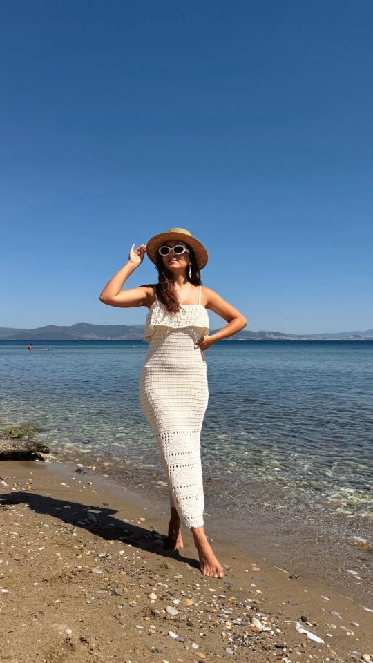 Triko Ajurlu Elbise Ekru