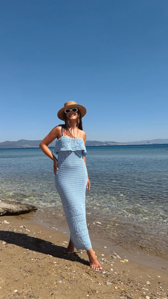 Triko Ajurlu Elbise Mavi