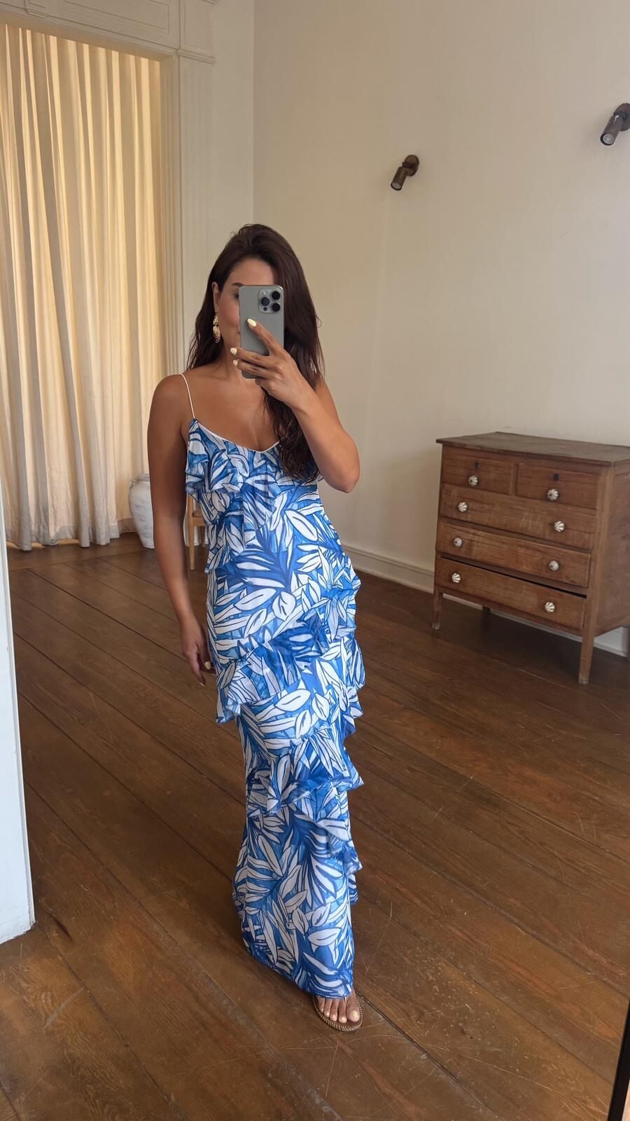 Mavi Yaprak Desen Katlı Elbise