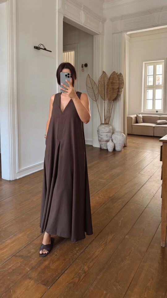 Keten Kumaş Elbise Kahve