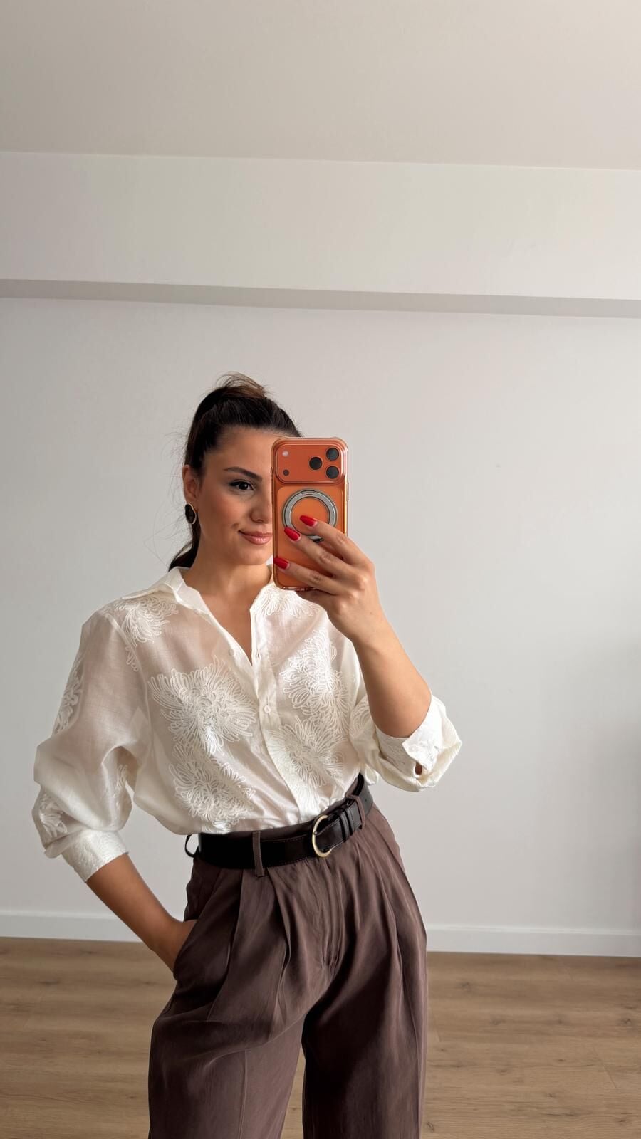 Nakışlı Oversize Gömlek Ekru