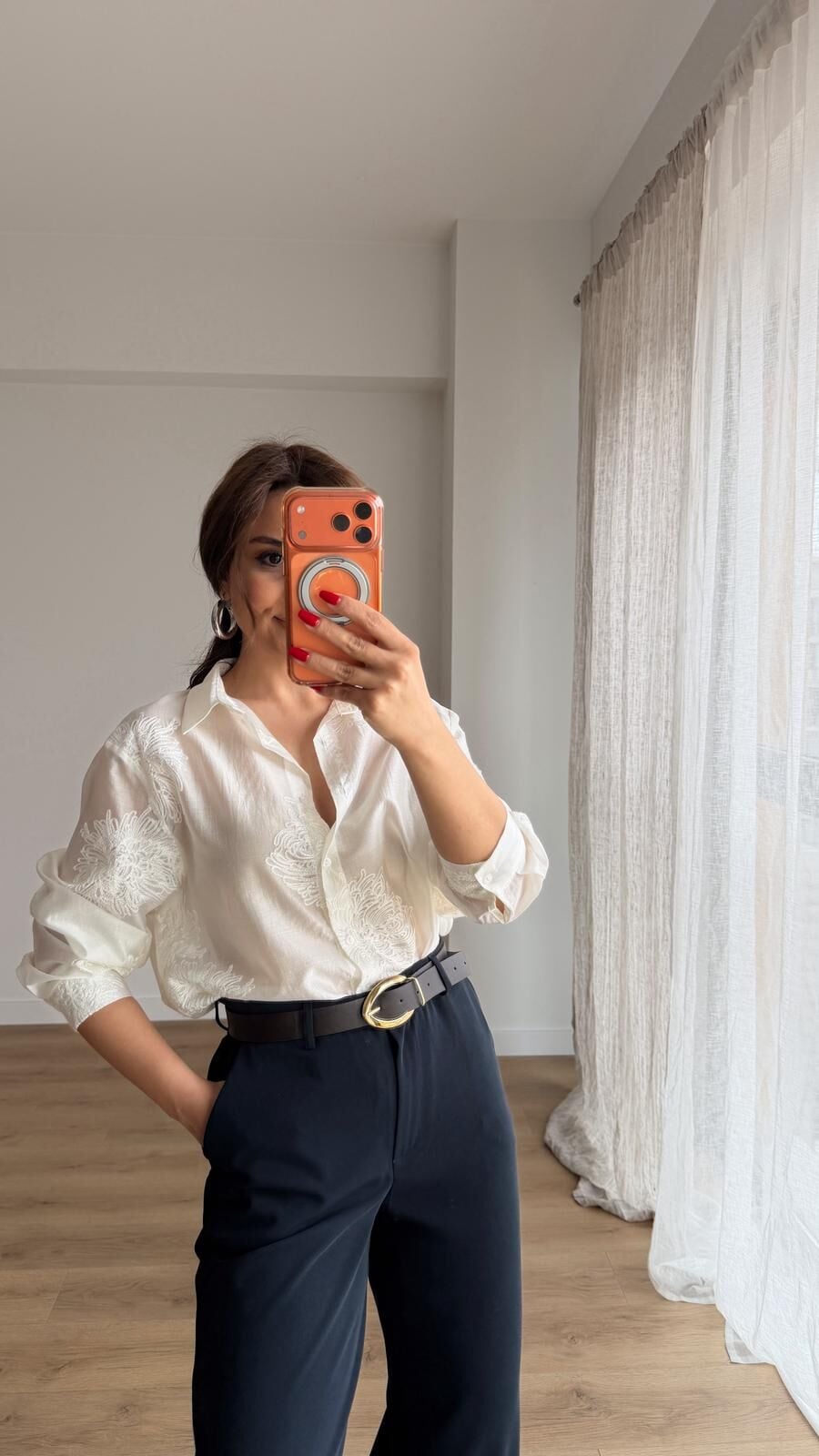 Nakışlı Oversize Gömlek Ekru