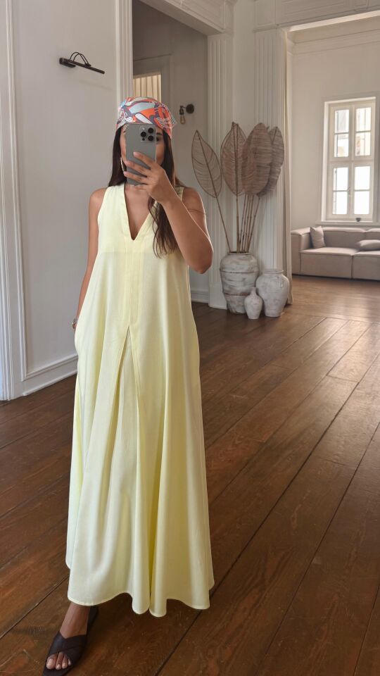 Keten Kumaş Elbise Sarı