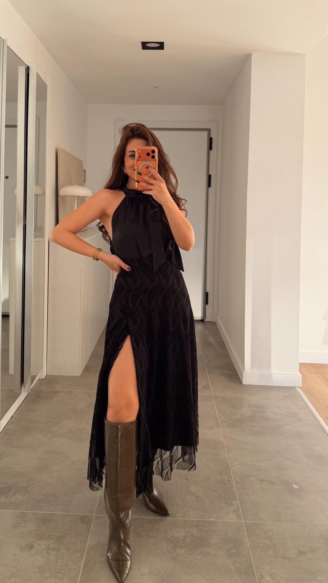 Yırtmaçlı Desenli Siyah Etek