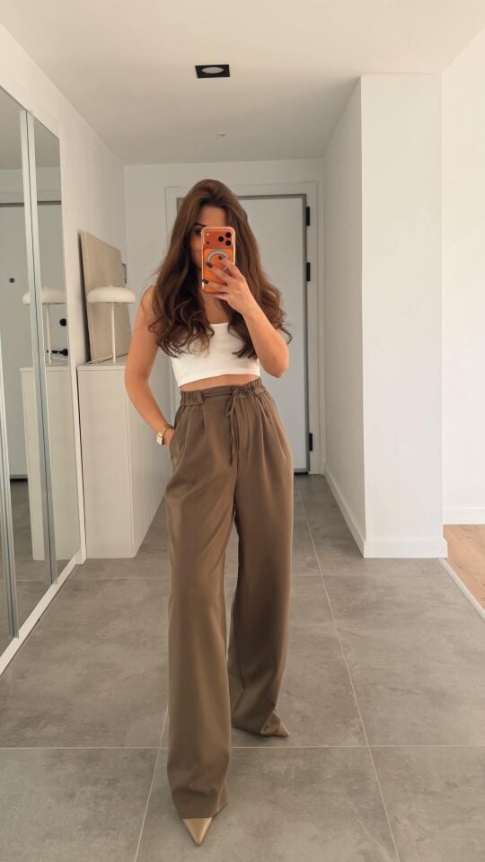 İpli Kahve Bol Paça Pantolon