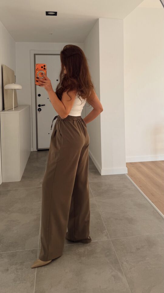 İpli Kahve Bol Paça Pantolon