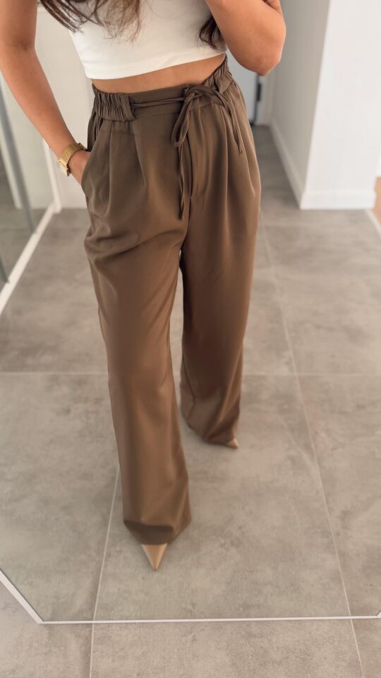 İpli Kahve Bol Paça Pantolon