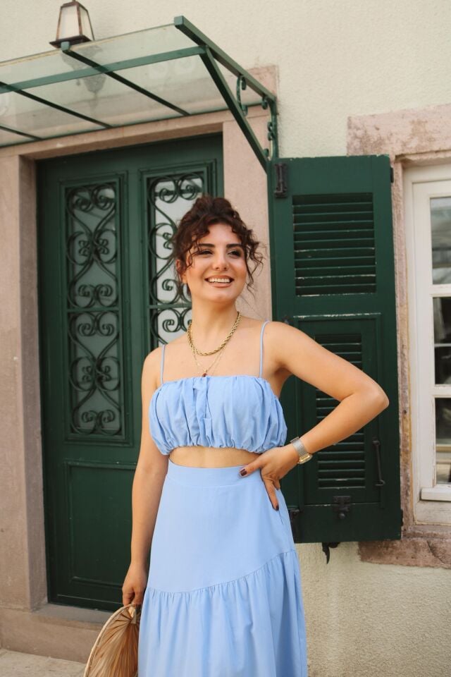 Büzgülü Crop Mavi