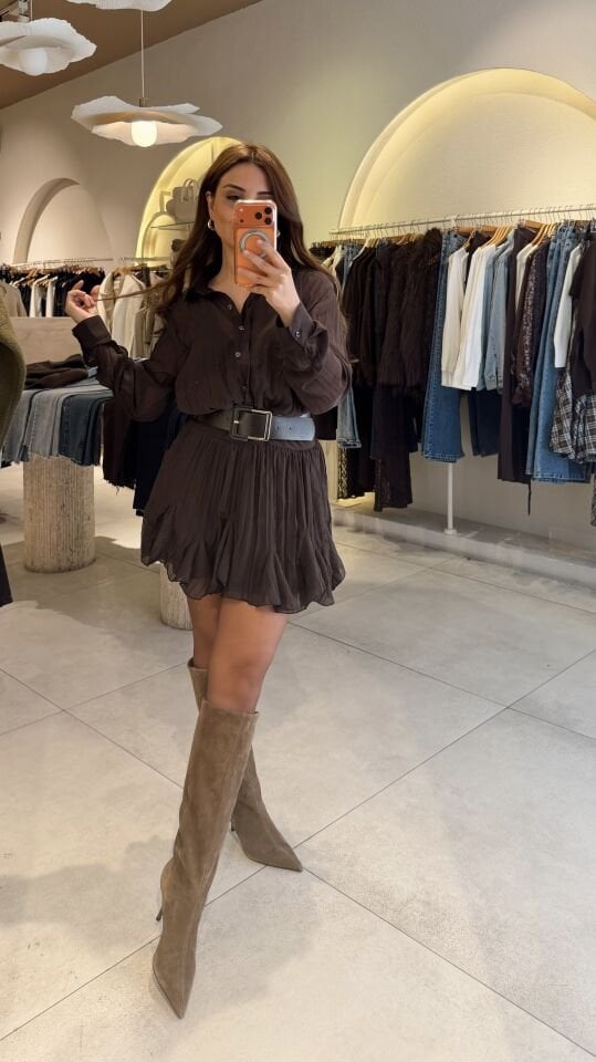 Kemerli Bluzlu Elbise Kahve