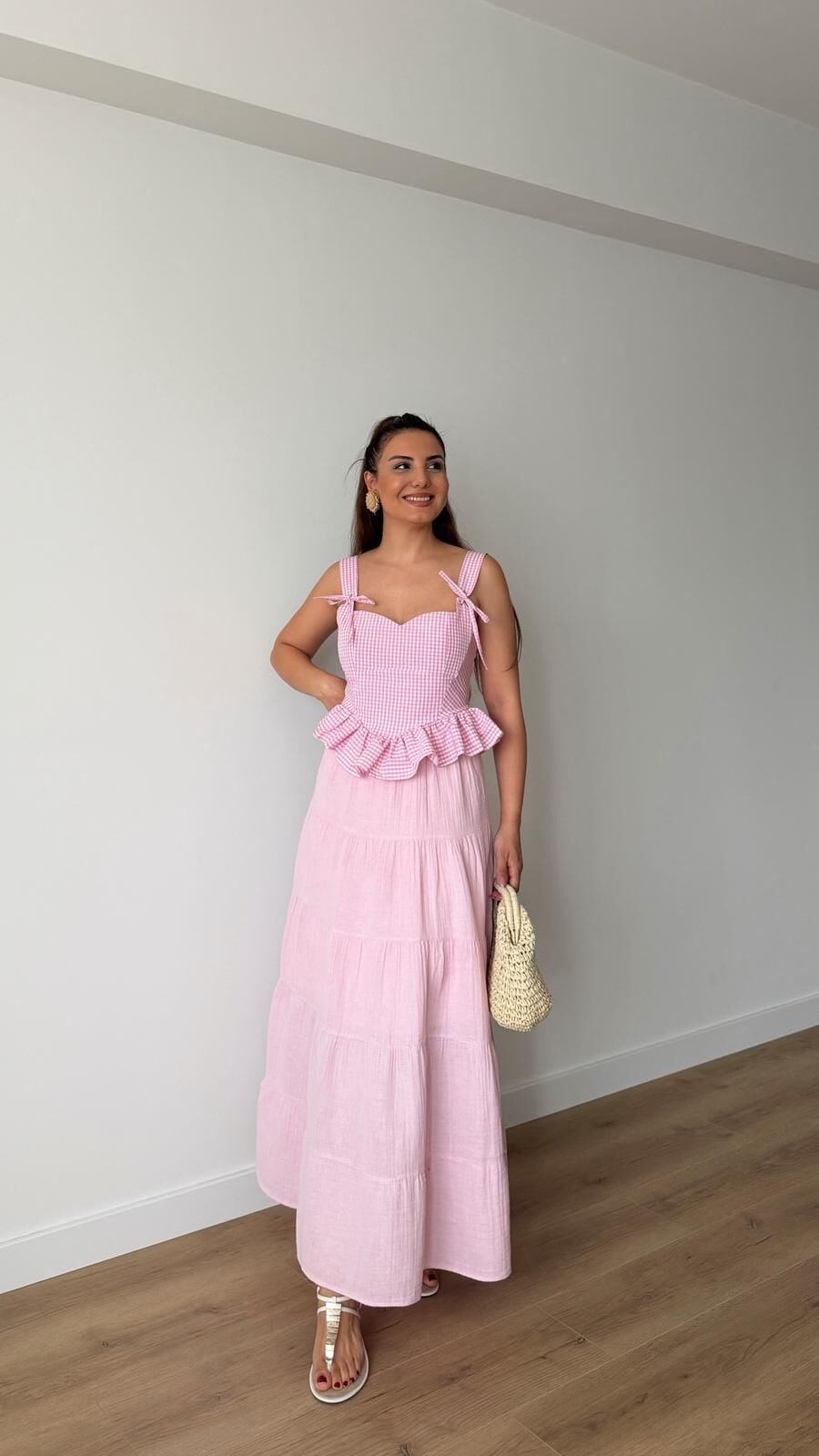 Müslin Midi Etek Pembe