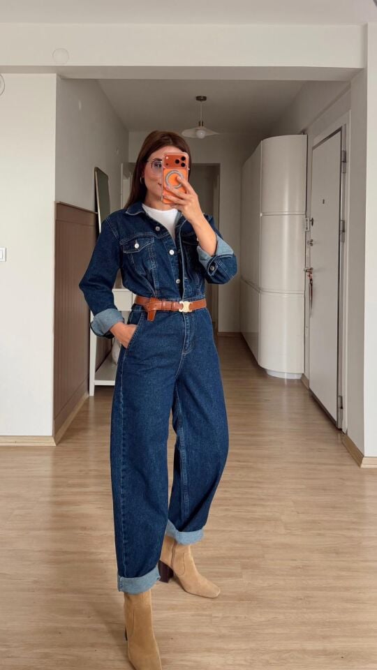 Koyu Mavi Denim Tulum