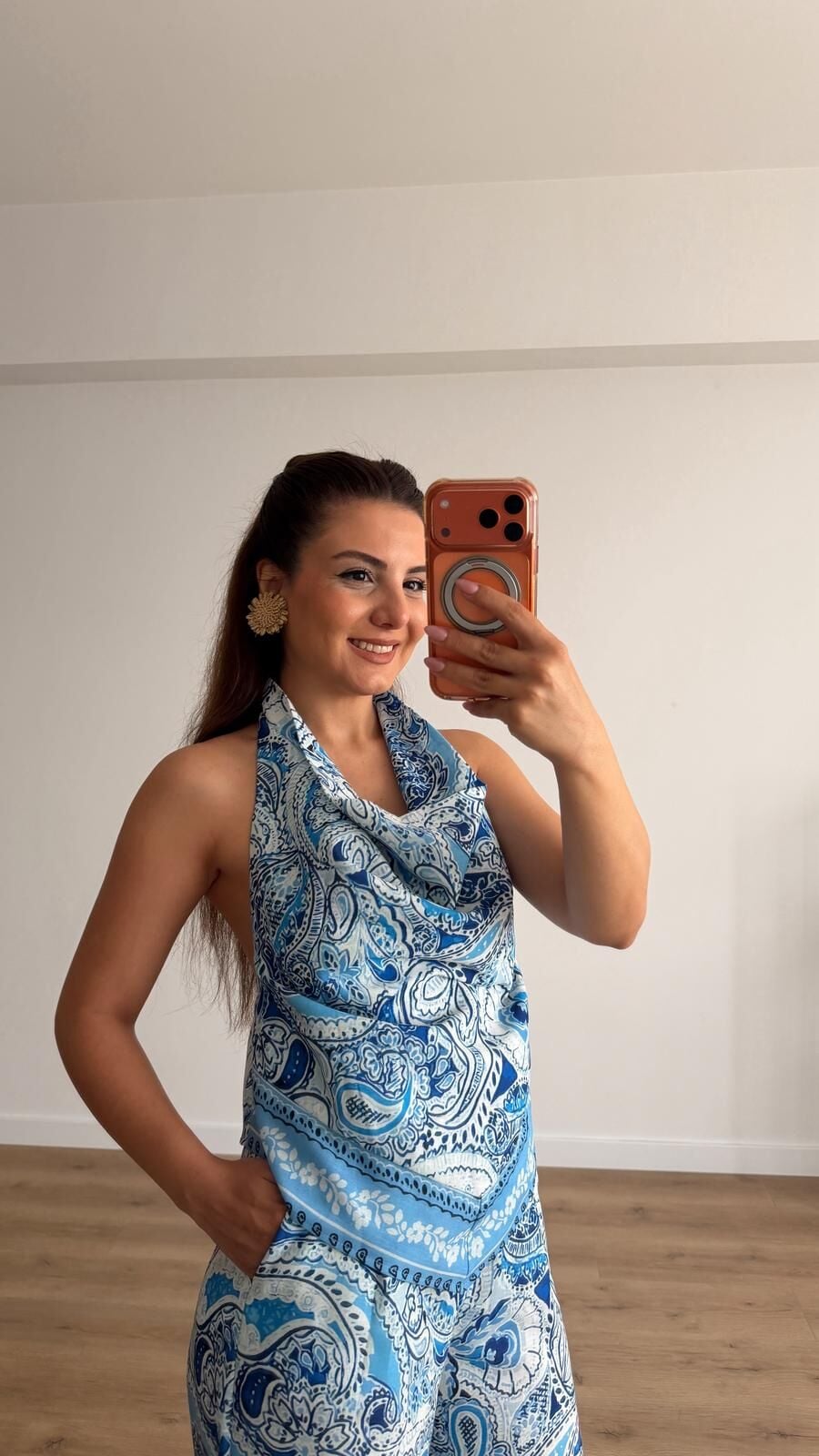 Mavi Şal Desen Degaje Bluz