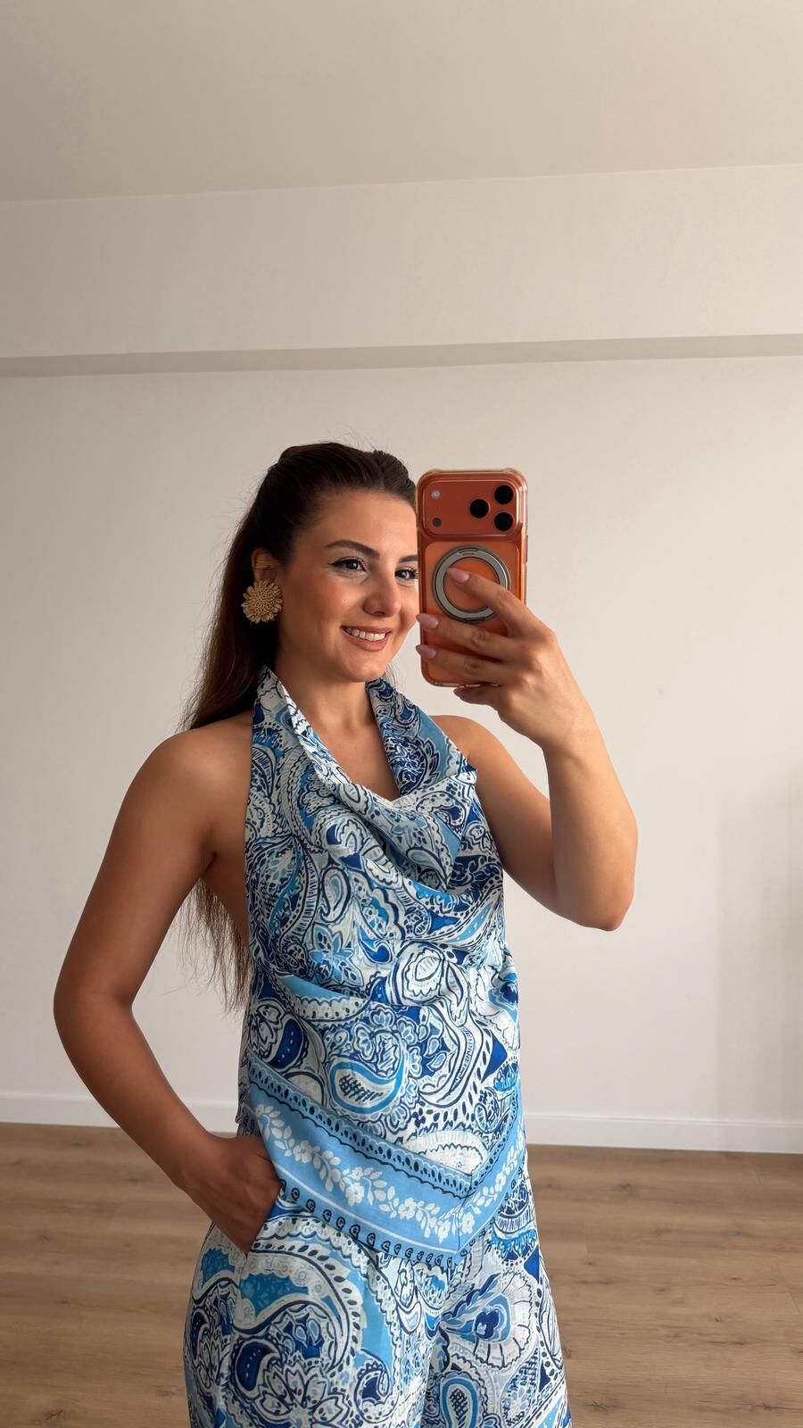 Mavi Şal Desen Degaje Bluz