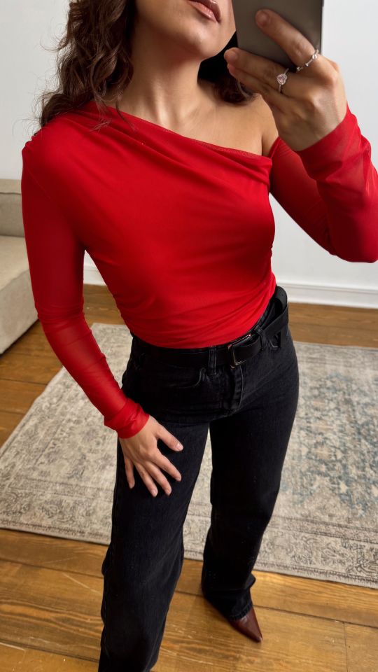 Drapeli Mesh Bluz Kırmızı
