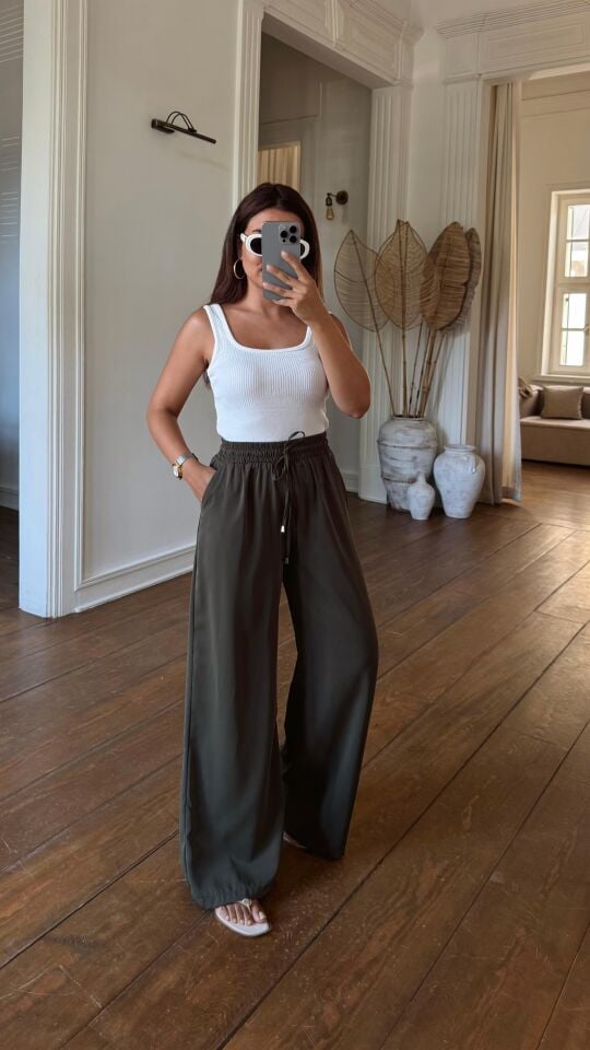 Haki Salaş Bol Paça Pantolon