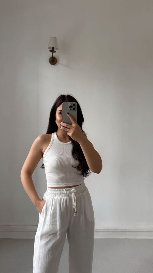 Fitilli Crop Atlet Beyaz