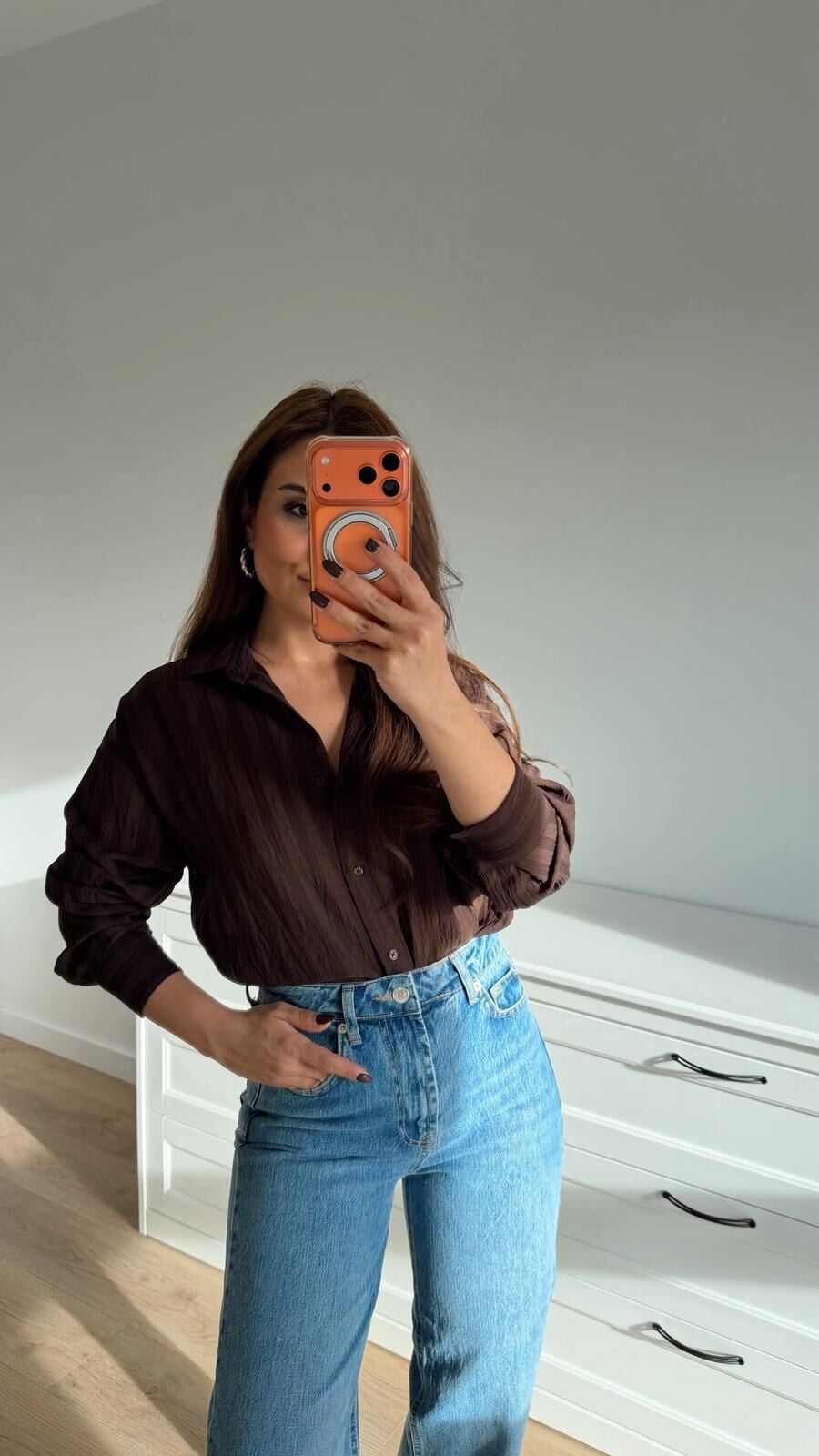 Soft Linen Dokulu Kahve Gömlek